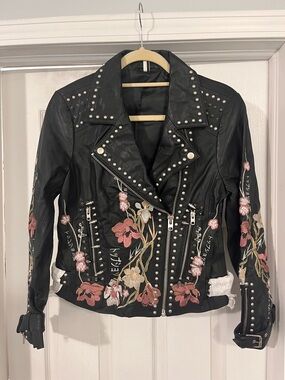 Topshop Black Floral Studded Leather Moto Jacket